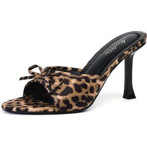Women's Leopard Round Toe Heels With Bow Vintage Mules Sexy Slip on Stiletto
